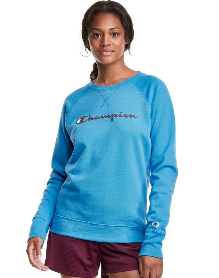 Champion Womens Sweatshirt NZ - Powerblend Fleece Classic Crew Script Logo Blue ( 5310-KVCPA )